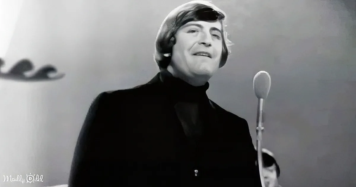 A man in a black outfit sings into a microphone, smiling, with a logo in the background.