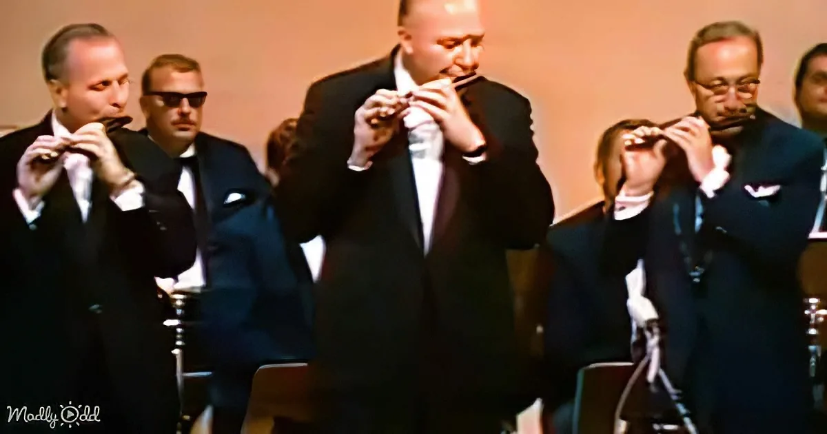 A man in a suit plays a harmonica, surrounded by others in suits, also playing harmonicas.