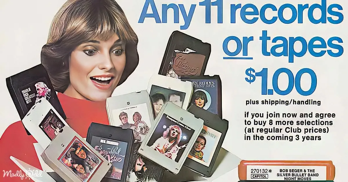 A woman holds a stack of music records and tapes, promoting a $1.00 offer with a 3-year commitment.