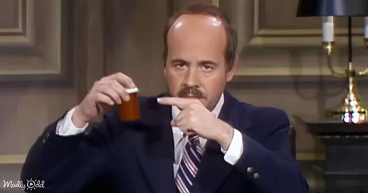A man in a suit points to a bottle of pills, looking serious.