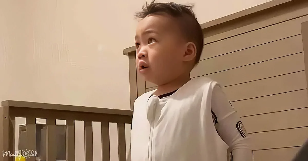 A young child in a white shirt stands indoors, looking up with a curious expression.