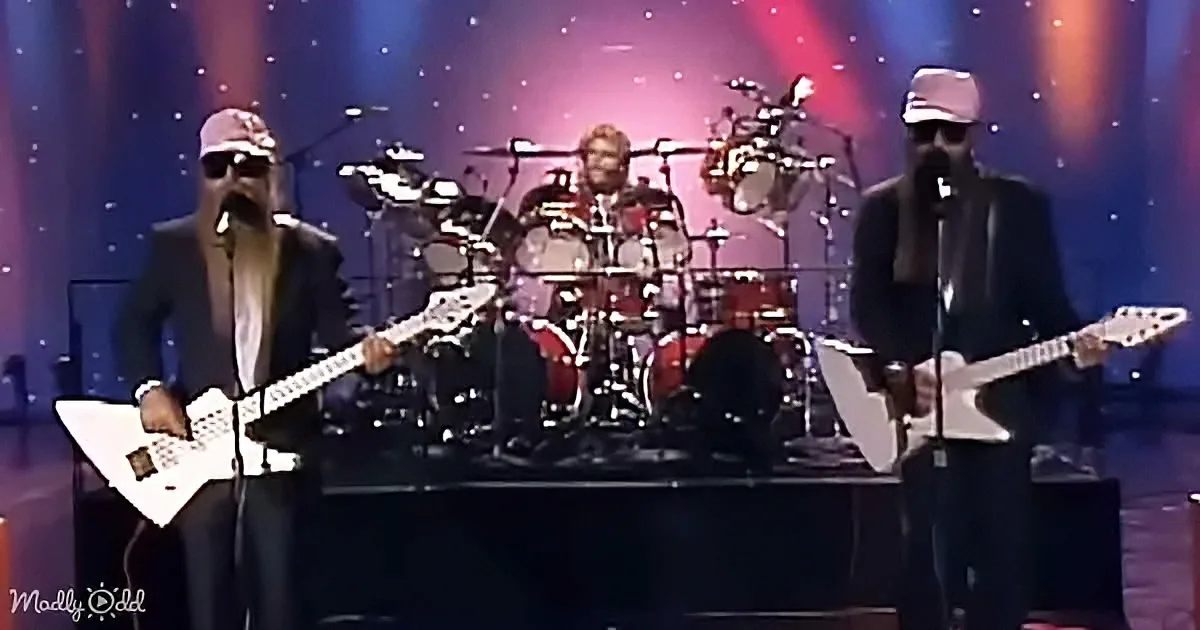 Two musicians with long beards and hats play guitars on stage, backed by a drummer.