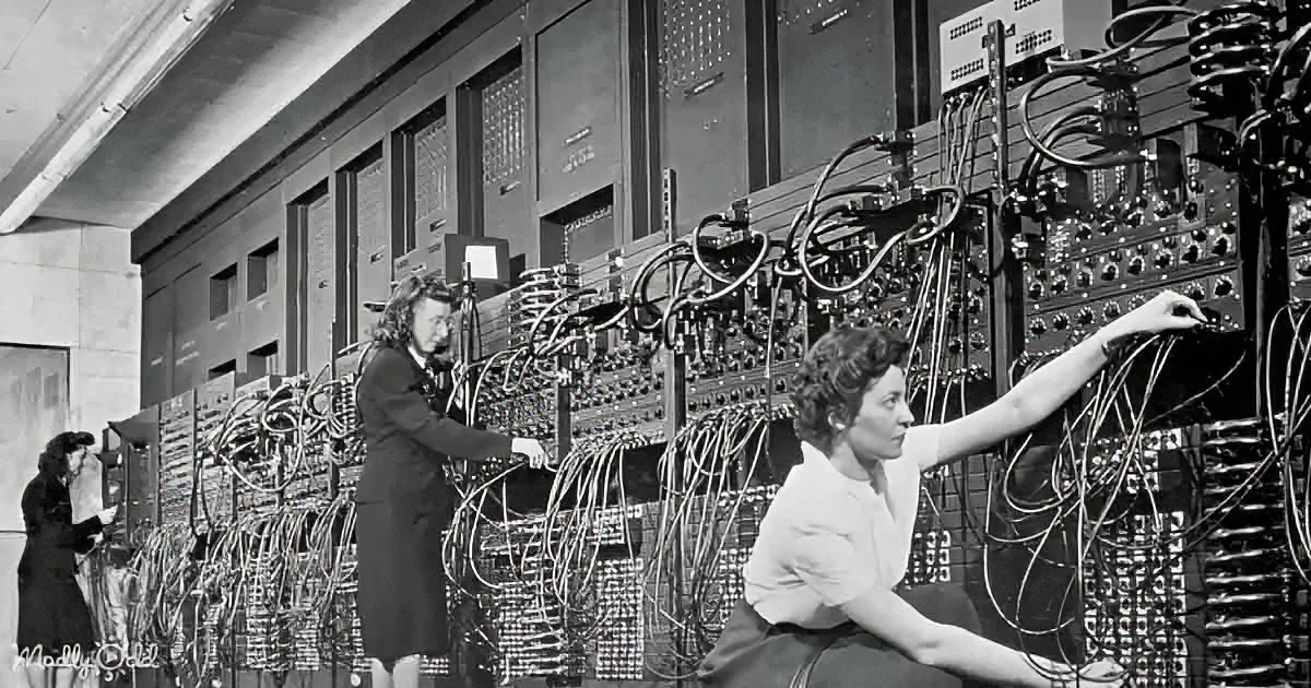 Women operate vintage electronic equipment with complex wiring in a historical setting.