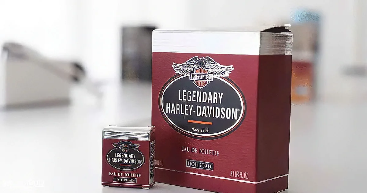 A Harley-Davidson fragrance box and its smaller counterpart are displayed on a white surface.
