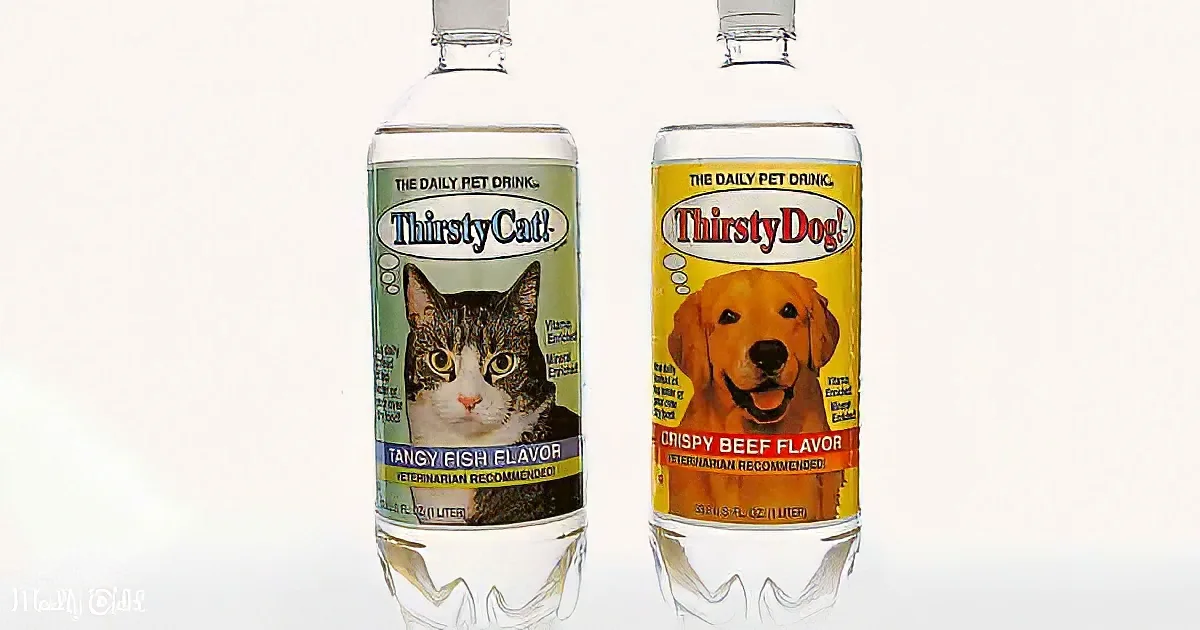 Two pet drink bottles, ThirstyCat and ThirstyDog, with cat and dog images, respectively, on their labels.
