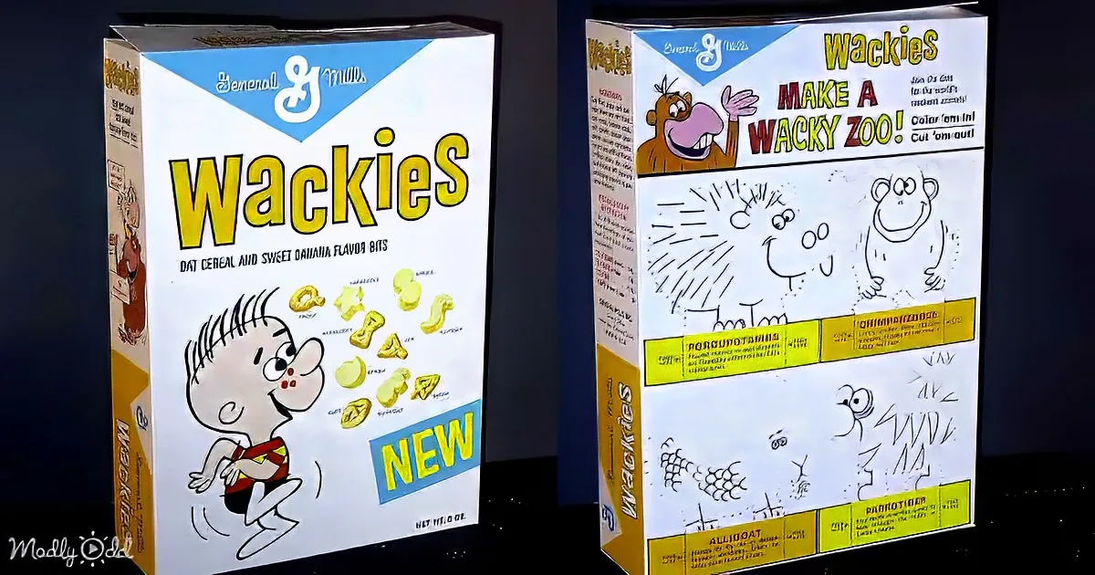 Wackies cereal box features a cartoon character and instructions for creating a zoo with animal illustrations.