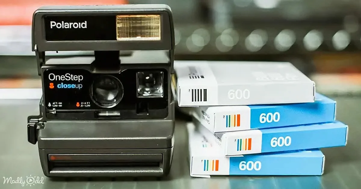 A Polaroid OneStep Closeup camera sits next to a stack of Polaroid 600 film boxes.