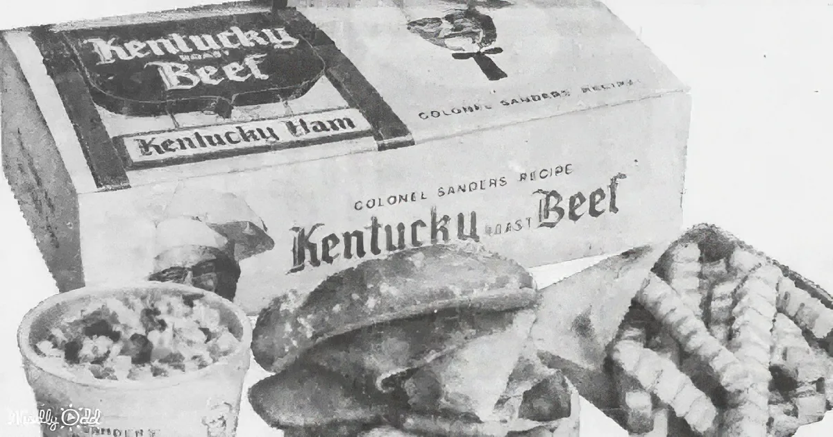 A vintage advertisement for Kentucky Beef and Ham showcases Colonel Sanders' recipe with a box and food items.