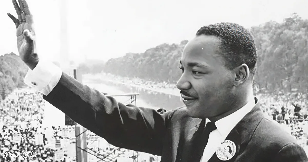 A man in a suit waves to a large crowd, with trees and sky in the background.