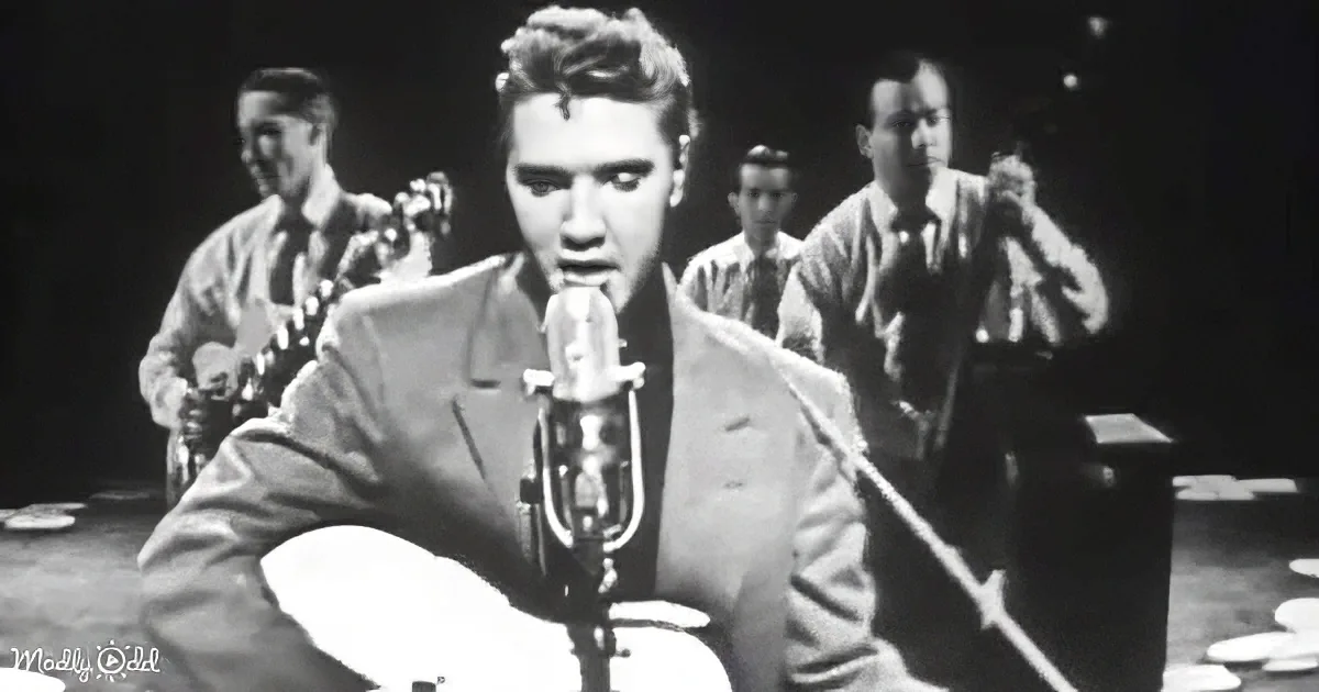 Elvis Presley in a suit singing into a microphone, backed by a band.