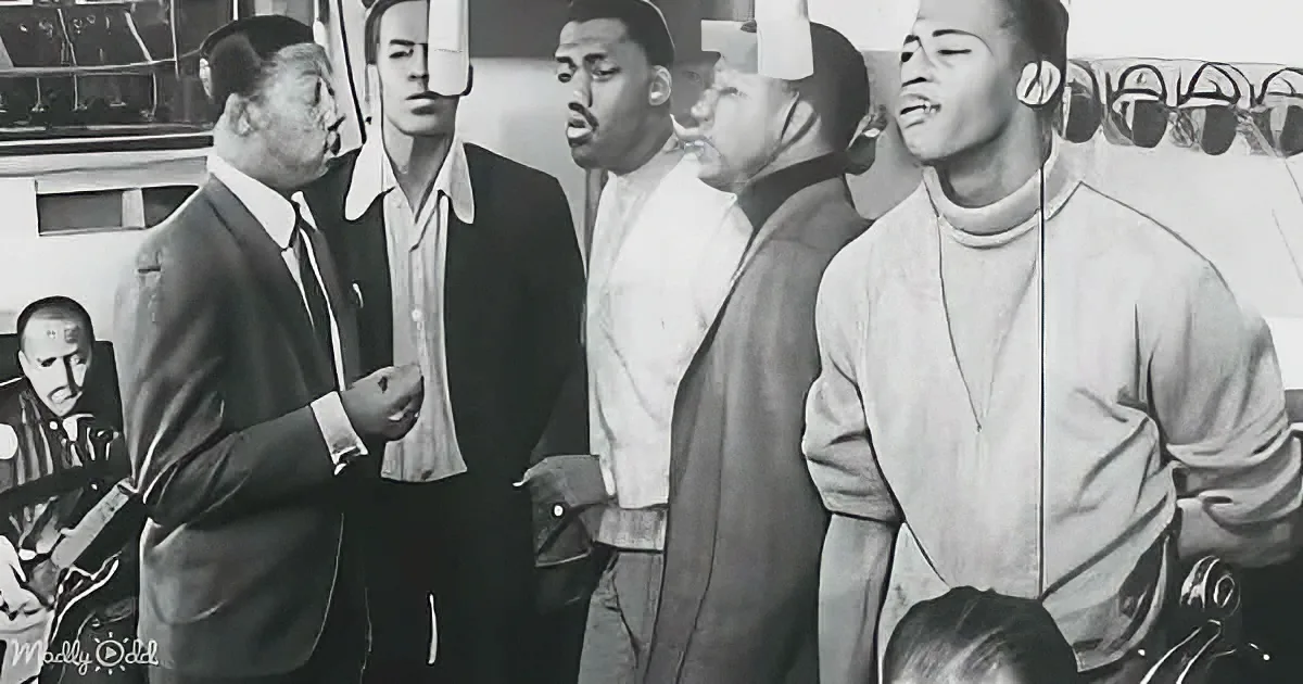 A man in a suit is speaking to a group of men, one of whom is singing, in a black-and-white image.
