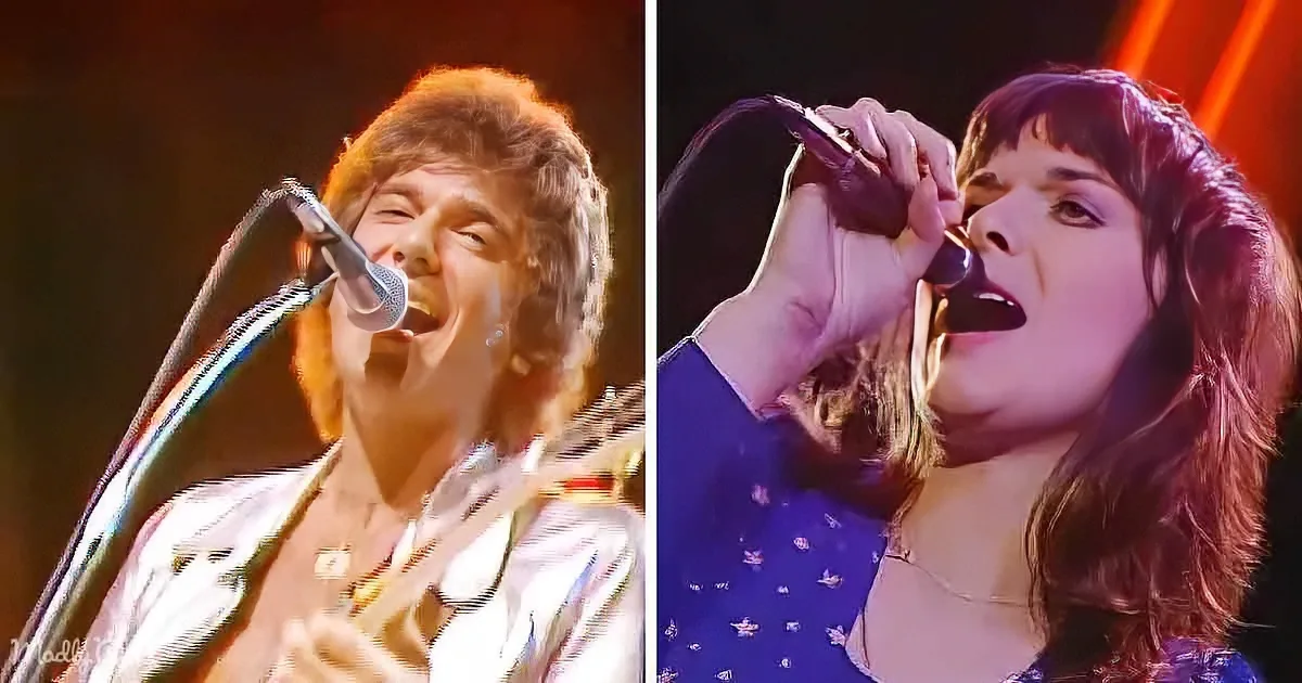 A man and a woman sing passionately into microphones, both with expressive faces and long hair.