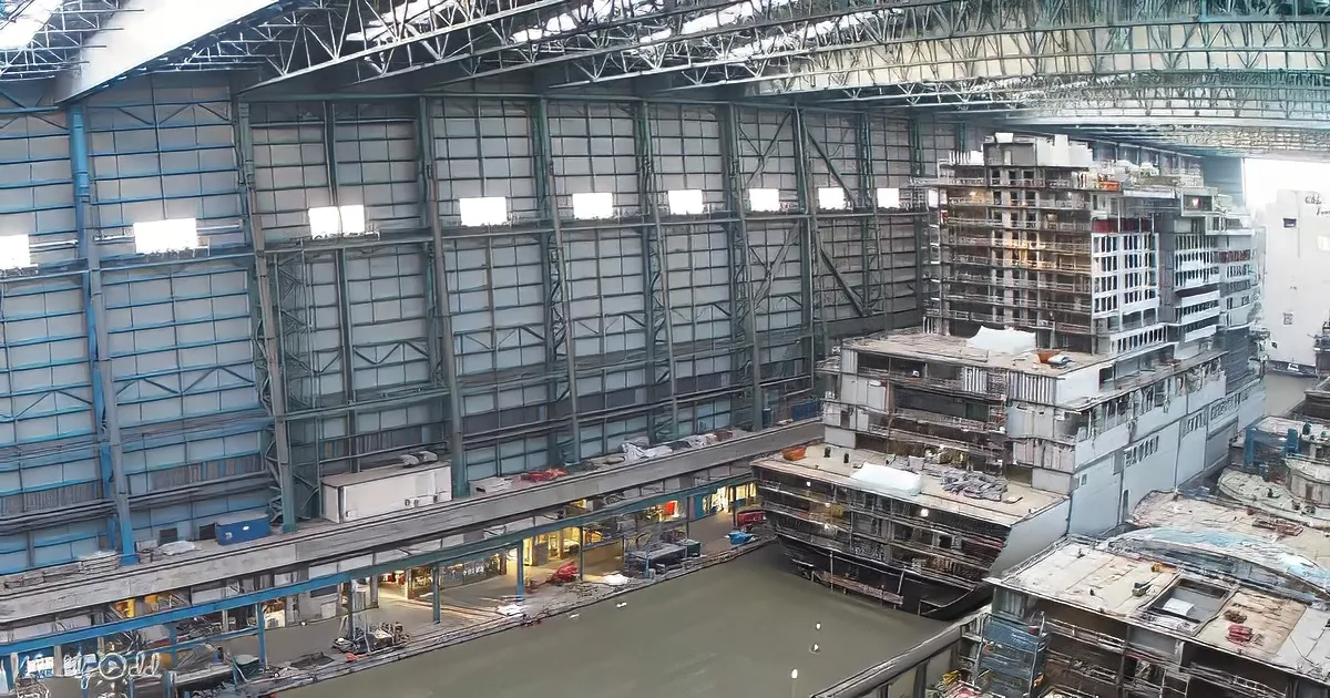 A large ship under construction in a dry dock with scaffolding and workers visible.