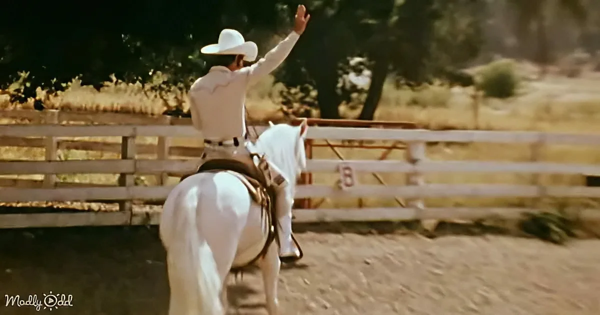 A cowboy in a white hat rides a white horse in a fenced arena, raising his hand.