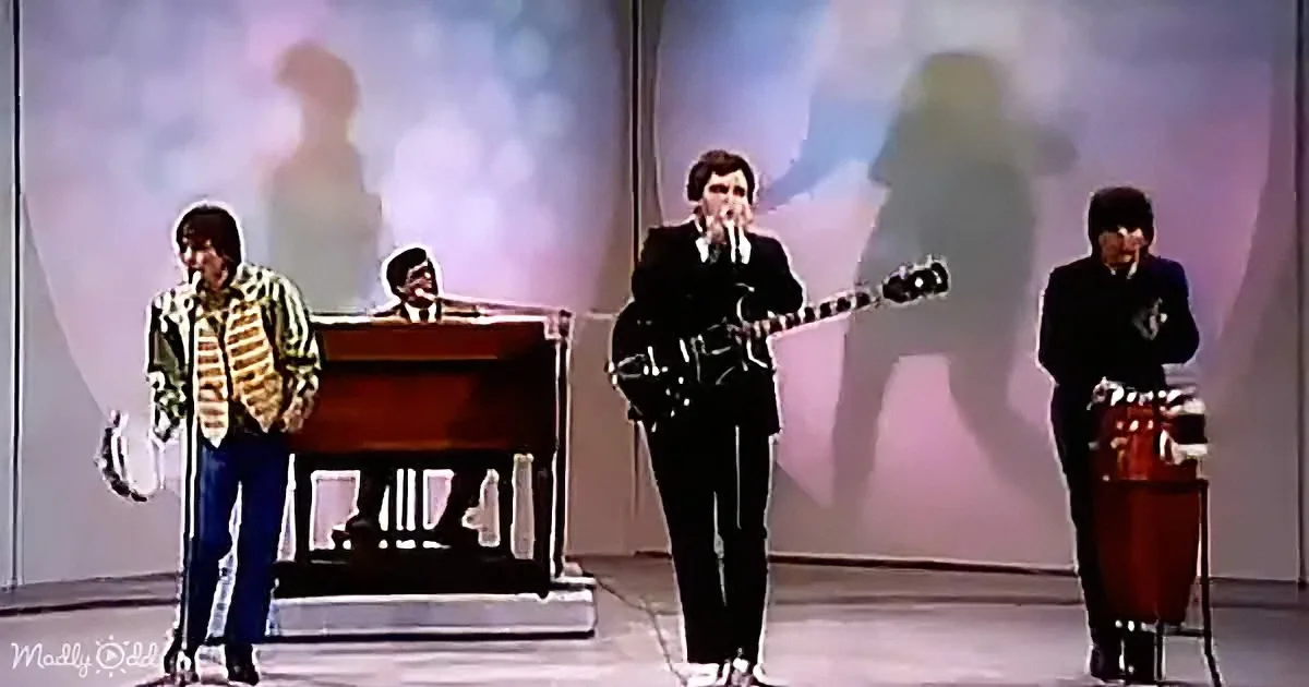 A man in a black suit plays guitar on stage with a band, including a keyboardist and percussionist.