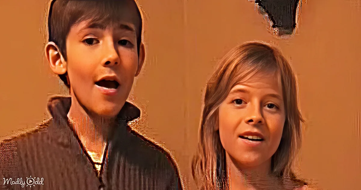 A boy and girl with surprised expressions, set against a textured, brownish background.