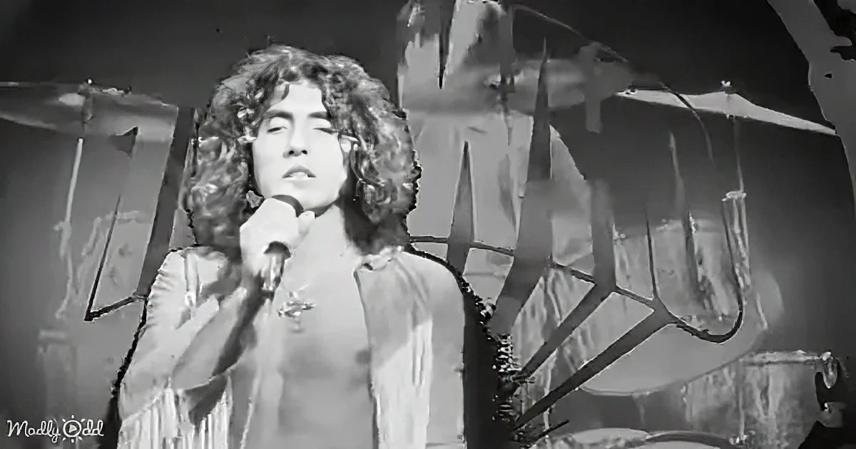 A person with curly hair sings into a microphone on stage, surrounded by musical instruments.