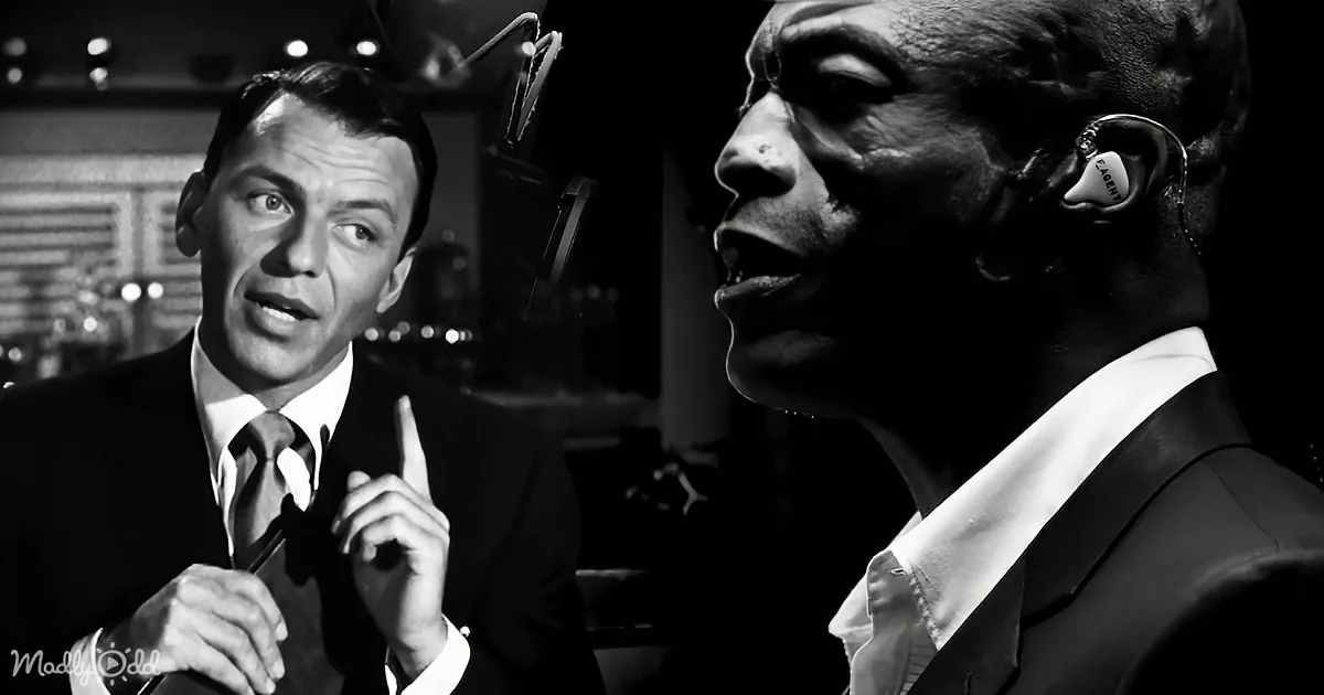 Frank Sinatra in a suit and tie, gesturing, with a close-up of a man in a suit and earpiece.