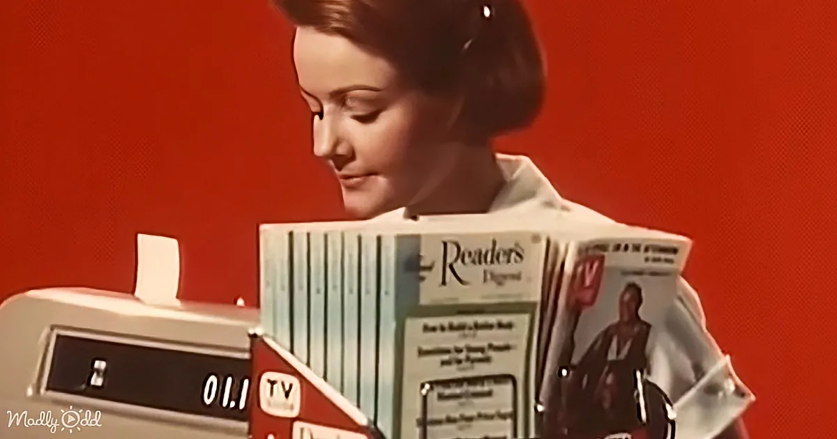 A woman reads a magazine titled "Reader's Digest" while standing next to a vintage TV.