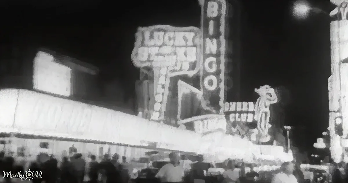 A neon-lit sign for "Lucky Bingo" and "Golden Bingo Club" is prominently displayed at night, with a crowd gathered below.