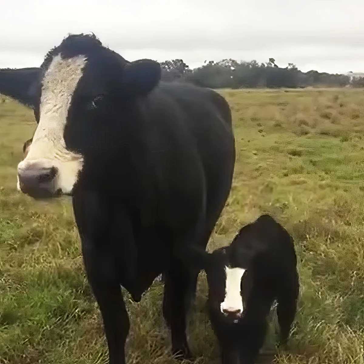 A black and white cow stands in a grassy field, nursing her calf.