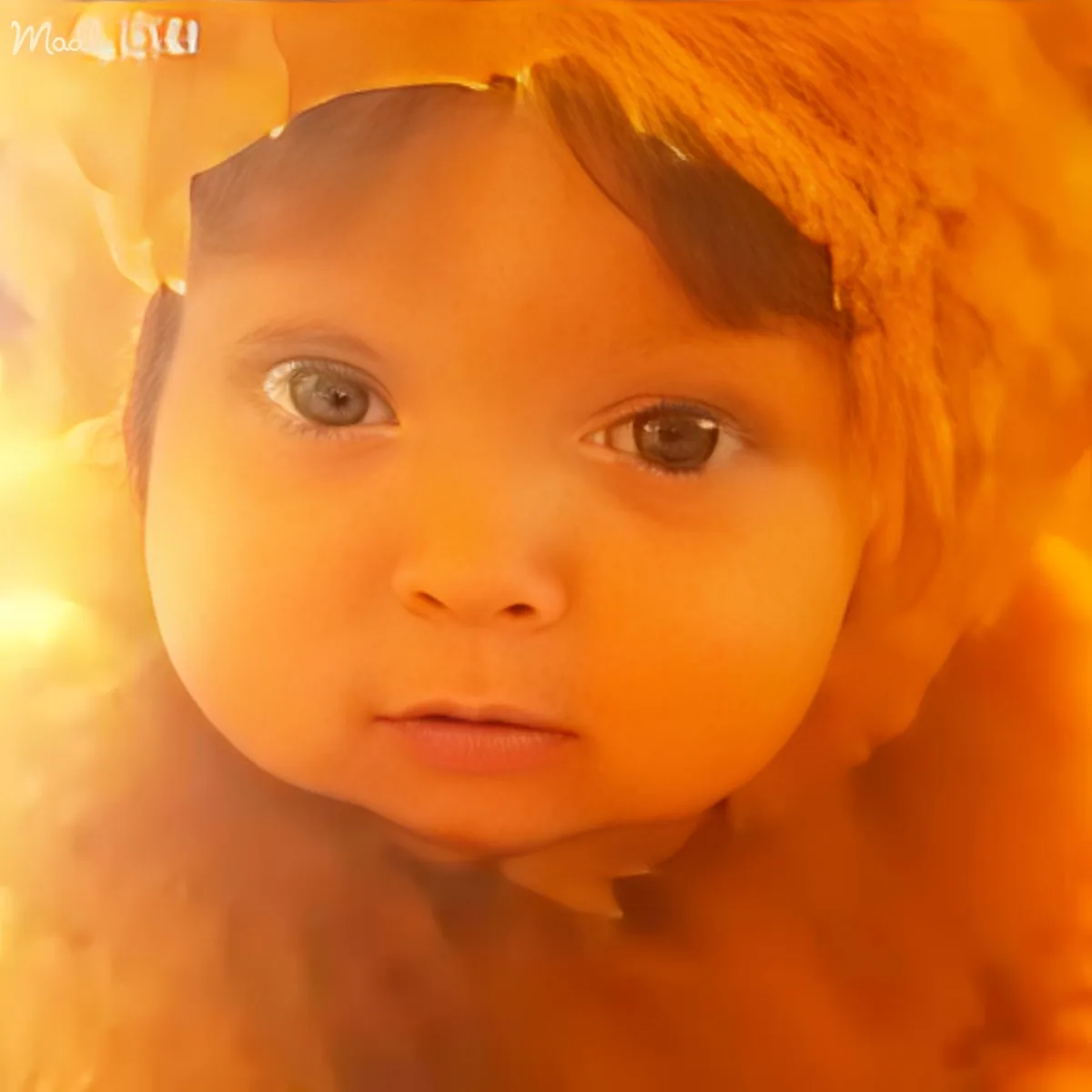 A baby with dark hair and a curious expression, surrounded by a warm, orange-toned background.