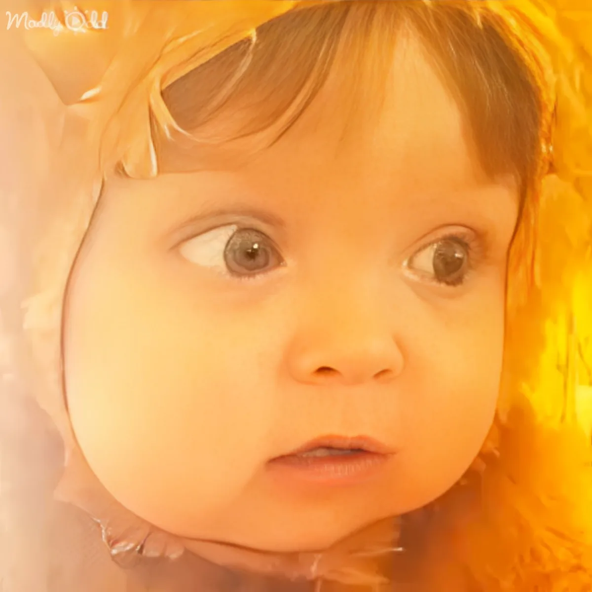 A baby with light skin, large eyes, and a yellow hooded garment is looking upwards.
