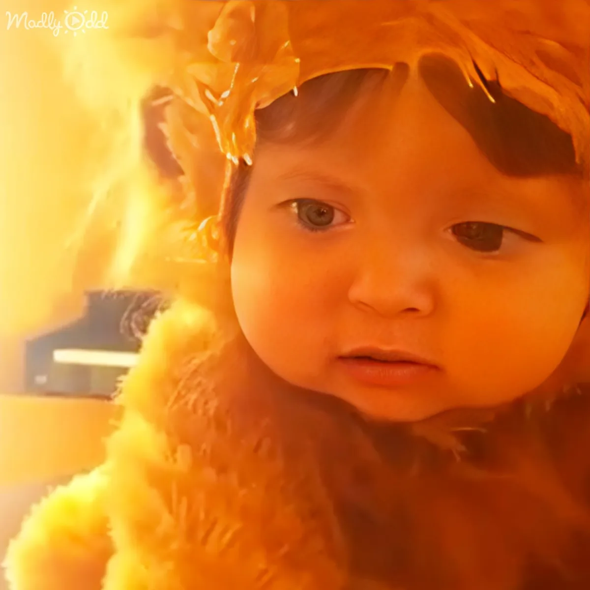 A child with dark hair and a fluffy orange outfit is looking directly at the camera.
