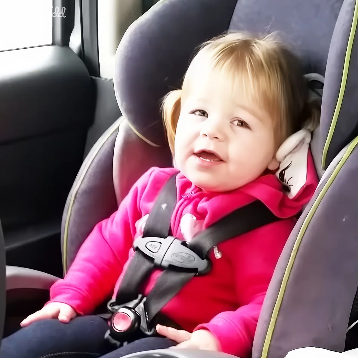 A smiling toddler in a pink outfit sits in a car seat, fastened with a harness.