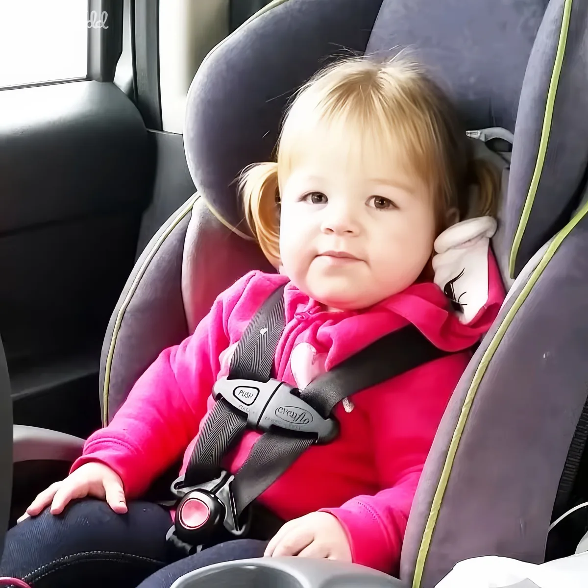 A toddler in a pink outfit sits in a car seat, secured with a harness, looking forward.
