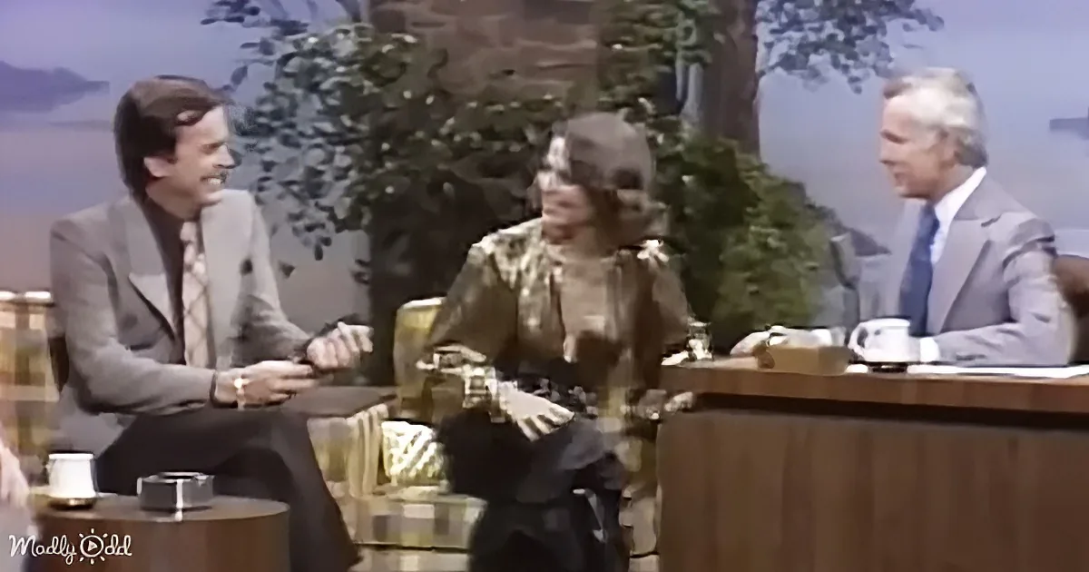 A person in a costume is seated between two men on a talk show set.