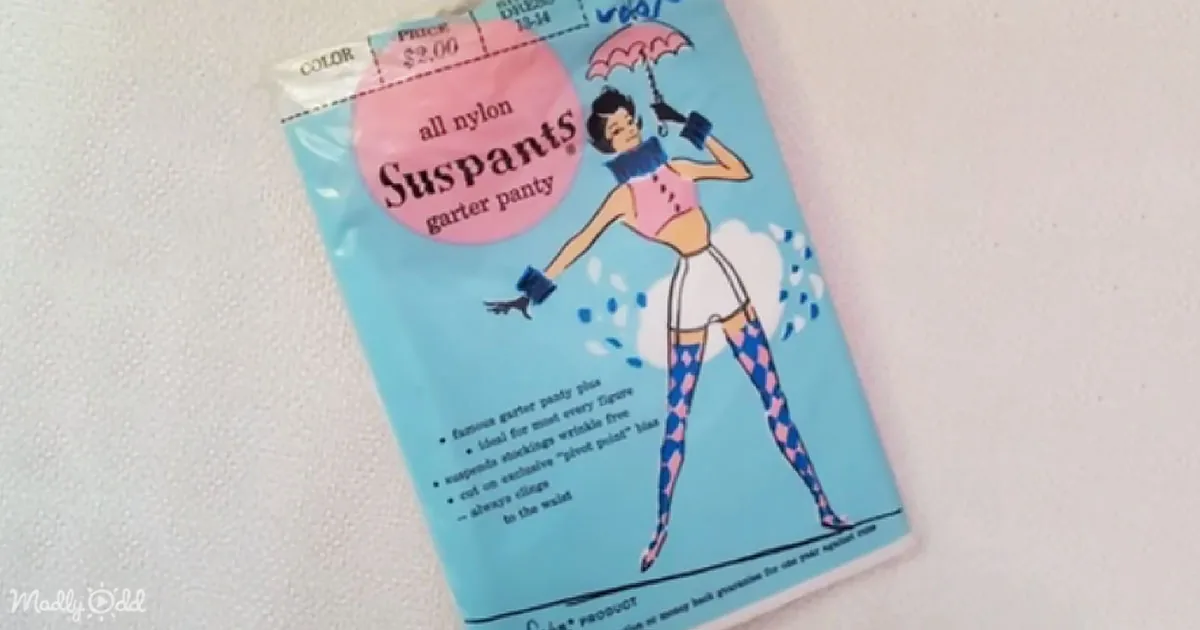 Packaging for "Suspants" garter panty with a woman illustration, price tag, and product details.