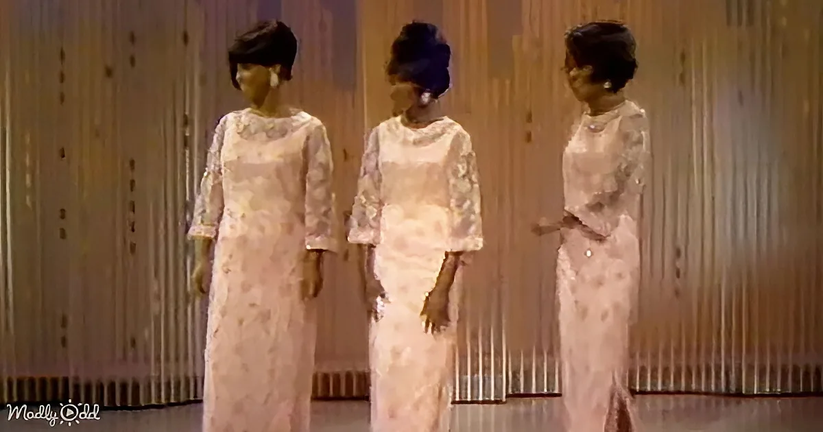Three identical women in white dresses stand side by side against a wooden backdrop.