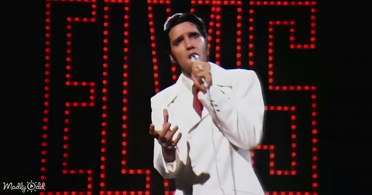 A person in a white suit sings into a microphone, with "ELVIS" displayed in red LED lights behind them.