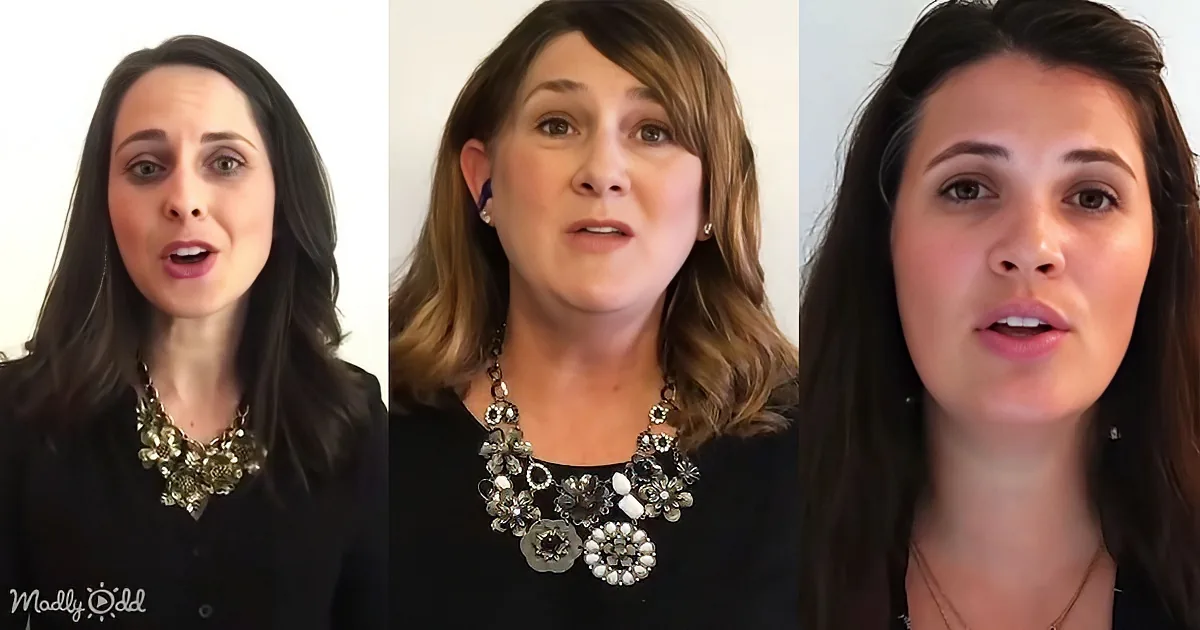 Three women with different hairstyles and necklaces, all wearing black tops, appear in a collage.