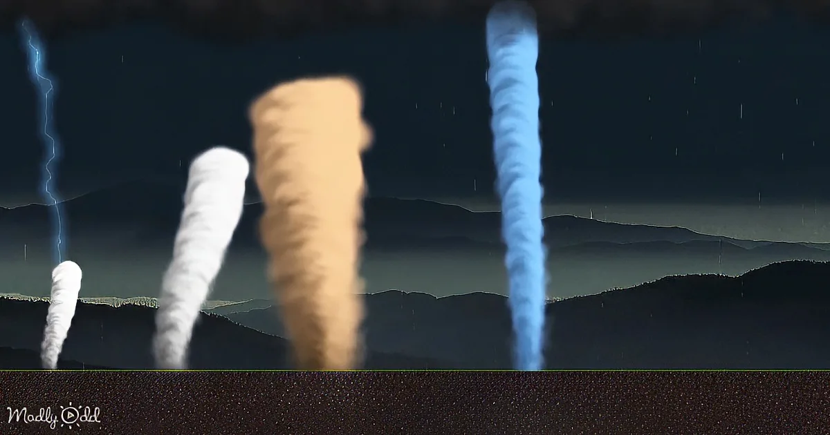 Four tornadoes of different colors stand against a dark sky with lightning and rain.