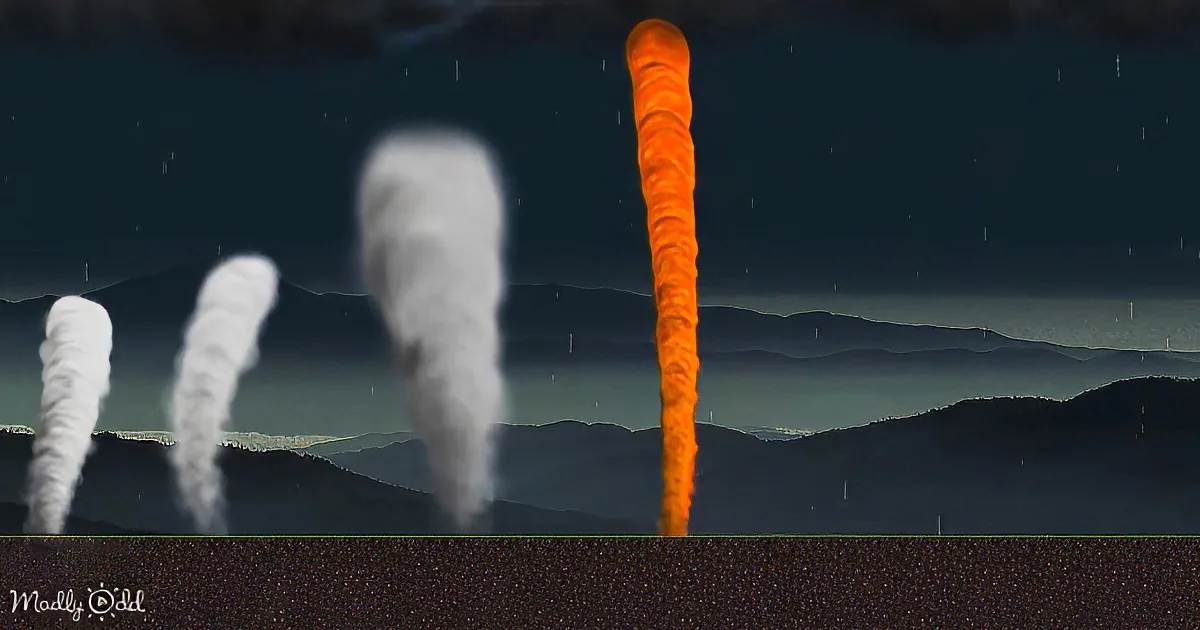 A striking orange tornado dominates the scene, flanked by three white tornadoes, set against a dark, rainy sky and...