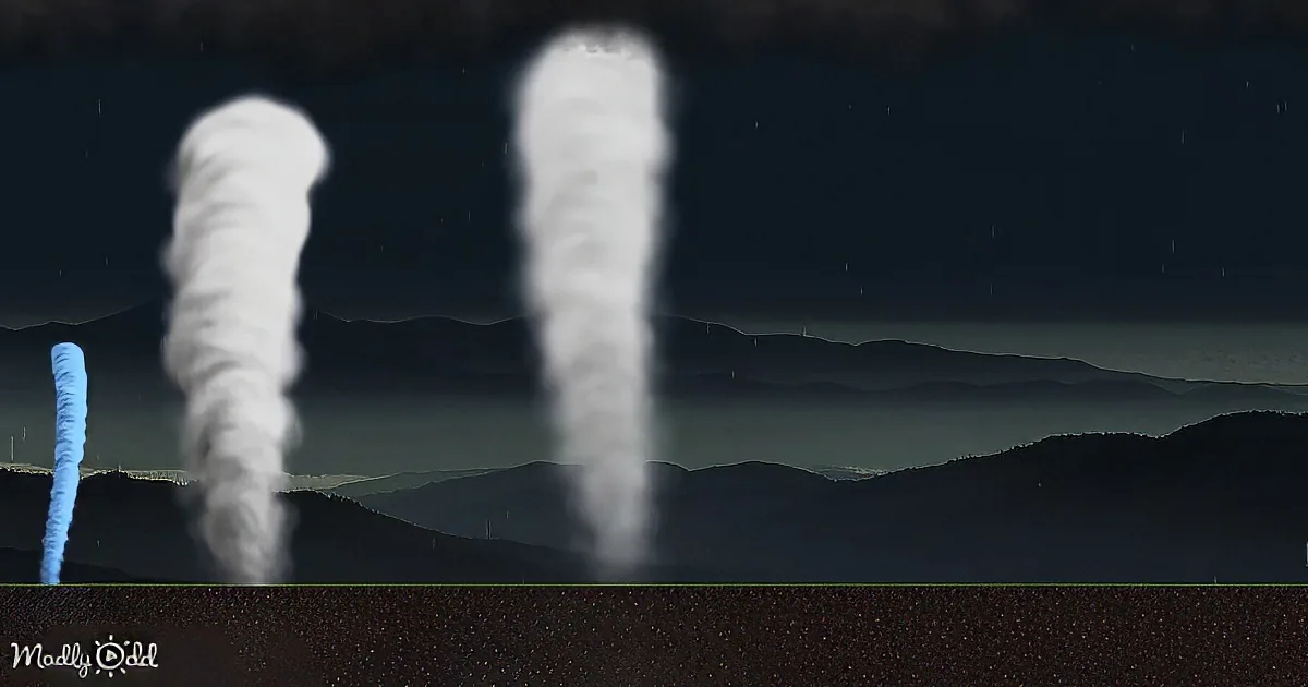 Tornadoes rise from the ground against a dark, rainy sky with distant mountains.