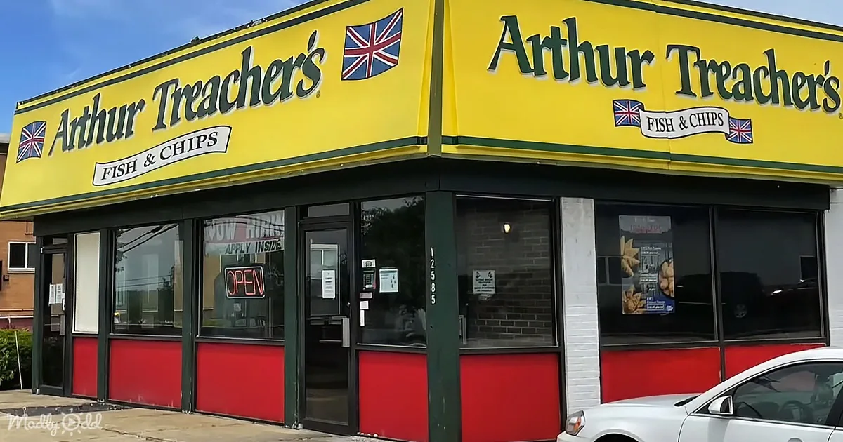Arthur Treacher's Fish & Chips restaurant with yellow sign, red bottom, and British flag.