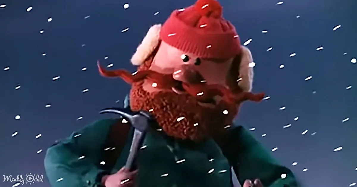 A person in a red hat and green coat, holding a hammer, stands against a snowy background.