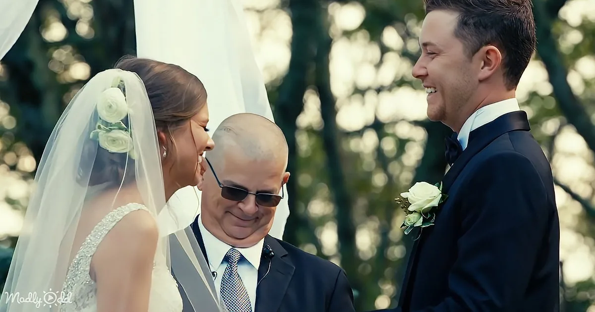 A bride in a white dress with a veil and flowers, smiling at a groom in a black suit with a boutonniere, both under a...