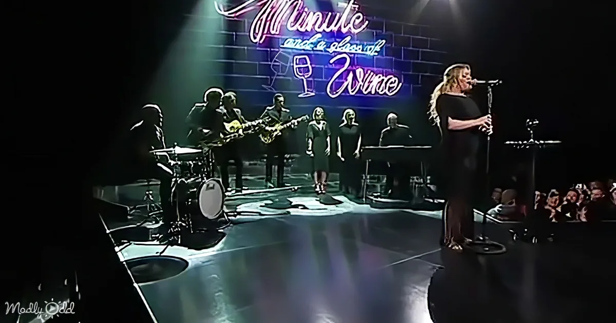A woman sings on stage with a band, under a neon sign reading "A Minute and a Glass of Wine."