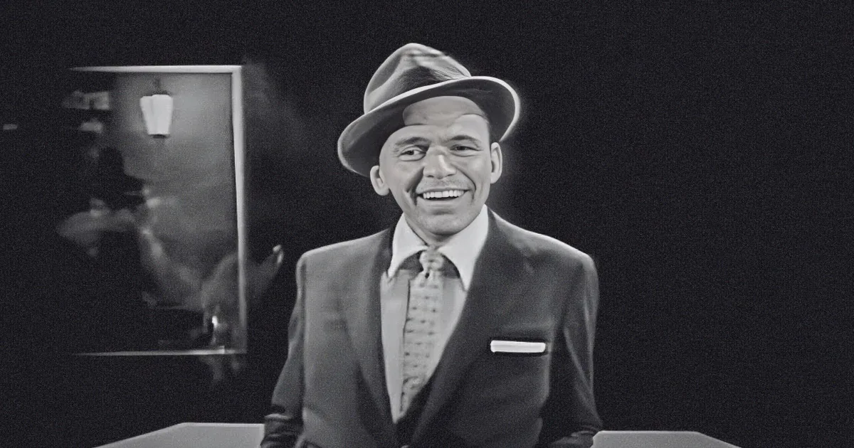 A man in a suit and hat smiles, wearing a striped tie, in a black-and-white image.