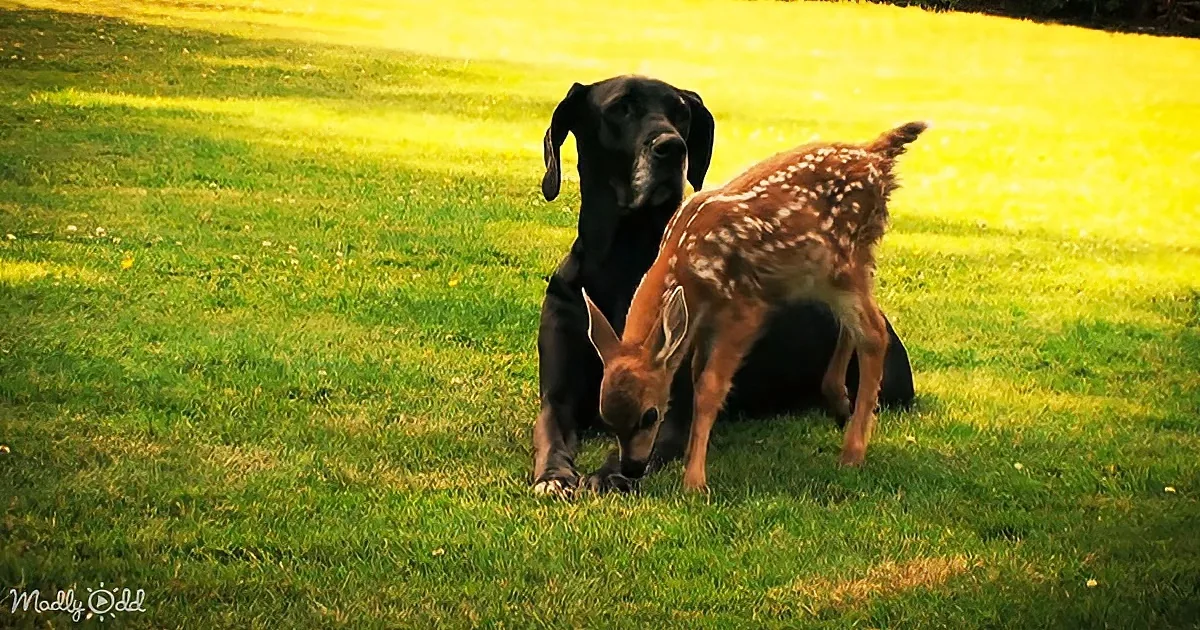 A black dog and a fawn are sitting together on a grassy field, appearing calm and close.