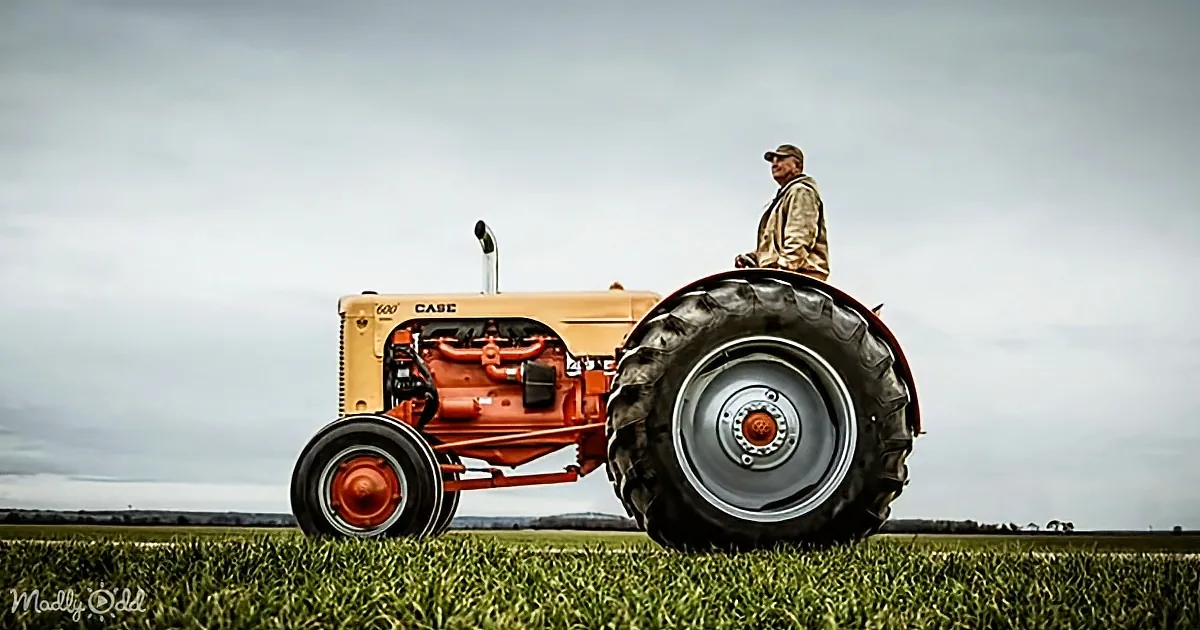 A man stands on a vintage Case tractor in a grassy field under a cloudy sky.