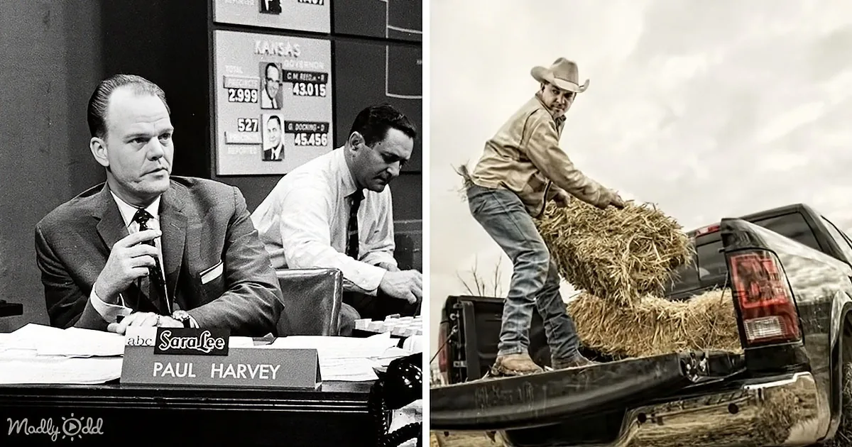 A man in a suit sits at a desk with "Paul Harvey" sign, while another man loads hay into a truck.