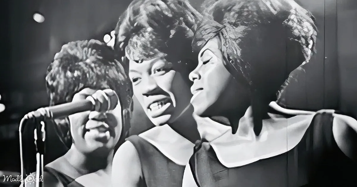 Three women in black dresses sing passionately into a microphone, their expressions intense.