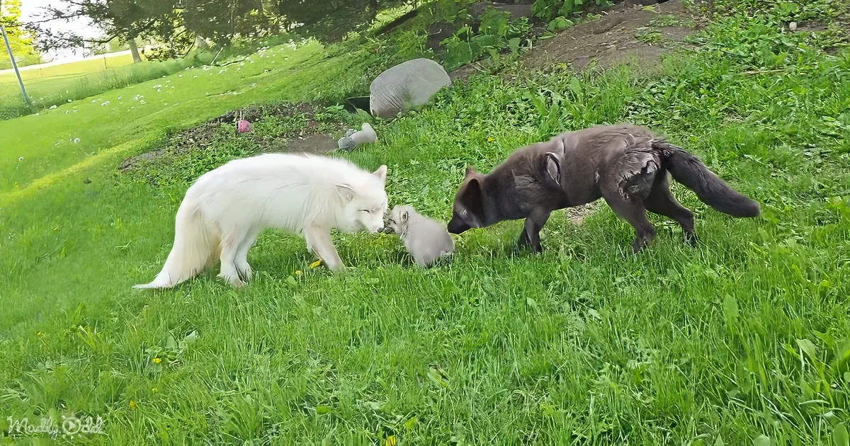 Two Arctic foxes, one white and one dark, are interacting with a small object on a grassy field.