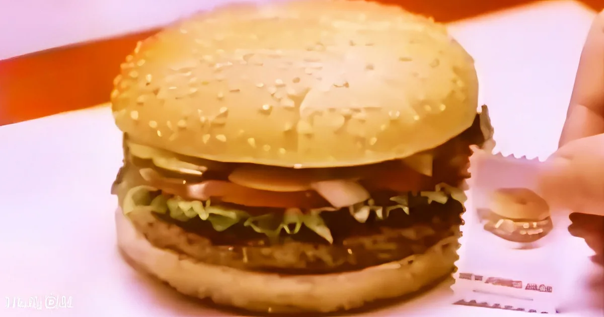 A large, detailed burger with lettuce, tomato, and cheese on a sesame seed bun is prominently displayed.