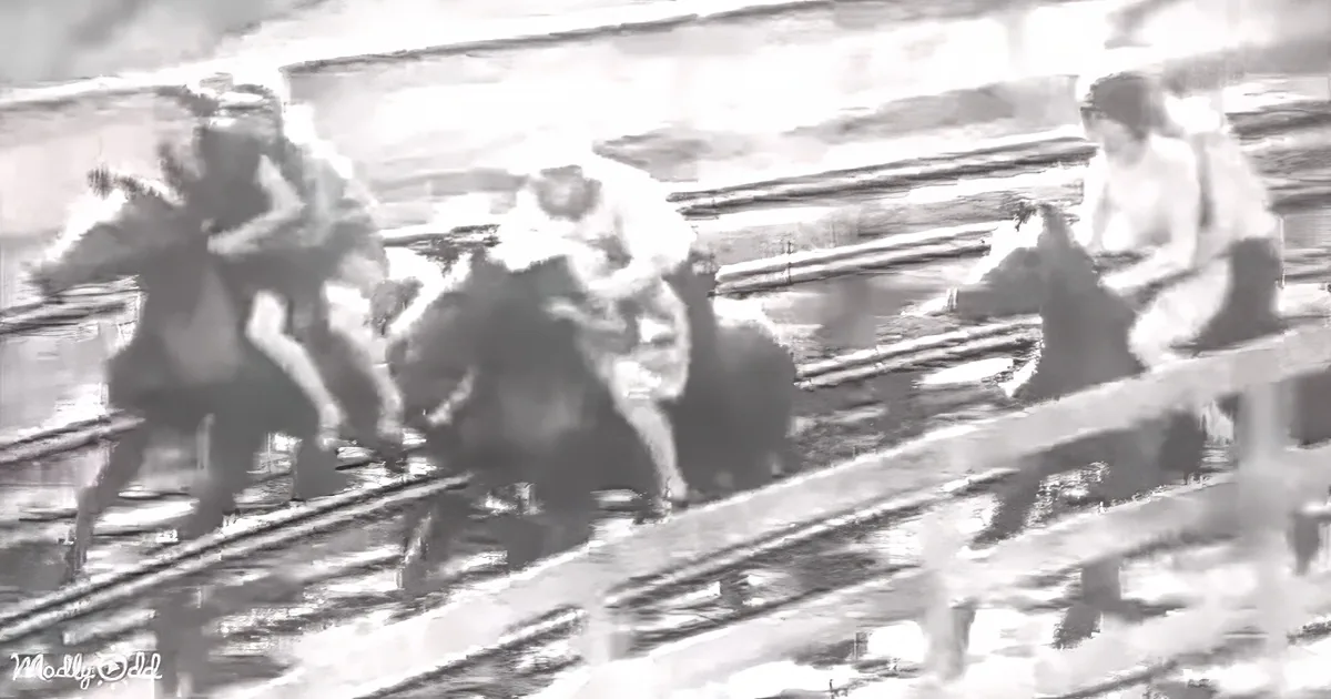 Horses and riders on a wooden bridge, possibly from an old film.